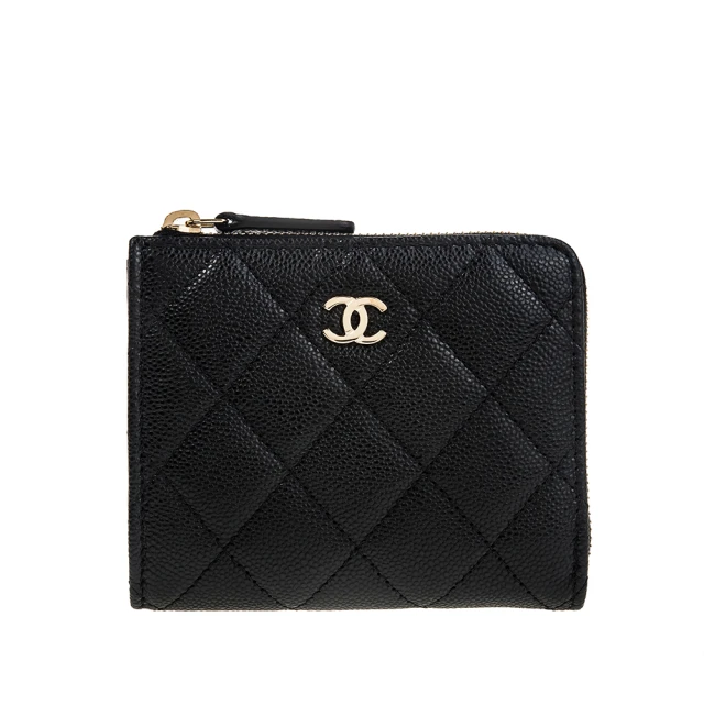 CHANEL 香奈兒 經典荔枝牛皮金釦CC LOGO拉鍊L方型卡片夾(黑色)