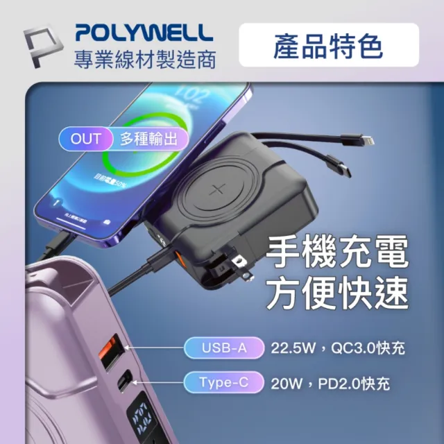 【POLYWELL】KPB-2305 10000mAh 20W 多合一磁吸自帶線快充行動電源 USB+Type-C孔(無線/Magsafe/自帶線)