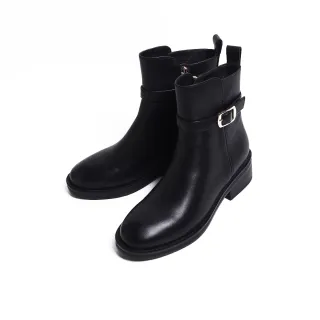 【KOKKO】俐落簡約圓頭精緻牛皮短靴(黑色)