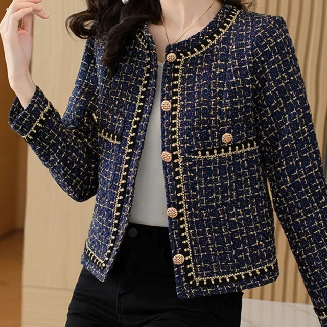 【米蘭精品】現貨+預購 毛呢外套秋冬大衣(氣質鍊式織帶粗花呢女外套藍色74is9)