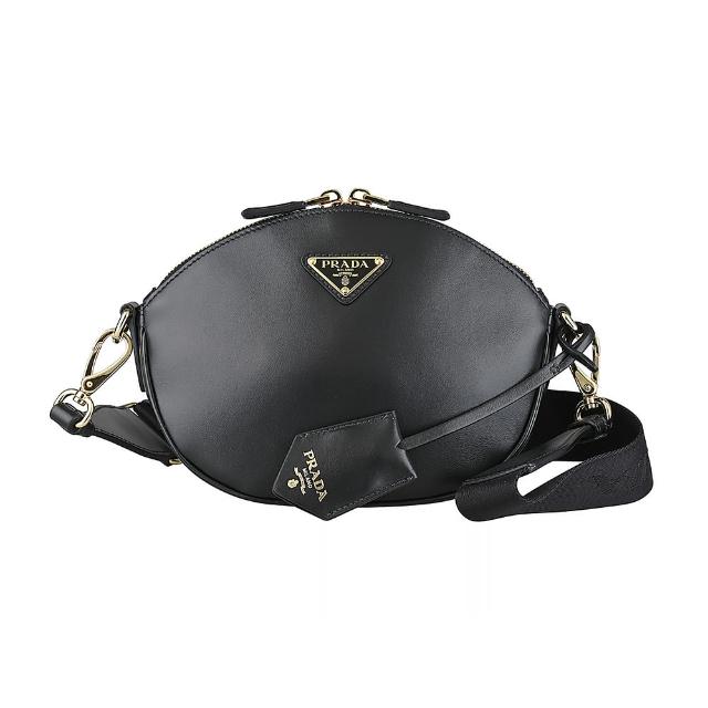 【PRADA 普拉達】PRADA經典鐵牌金字LOGO小牛皮拉鍊肩背/斜背包(迷你/黑)