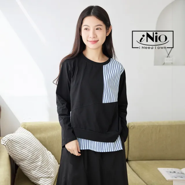 【iNio 衣著美學】長袖上衣 現貨 造型拼接 條紋 長袖棉T CDW1740