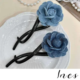 【INES】花朵髮夾 馬尾夾/韓國設計氣質牛仔布藝花朵造型扭扭盤髮夾 馬尾夾 香蕉夾(2色任選)