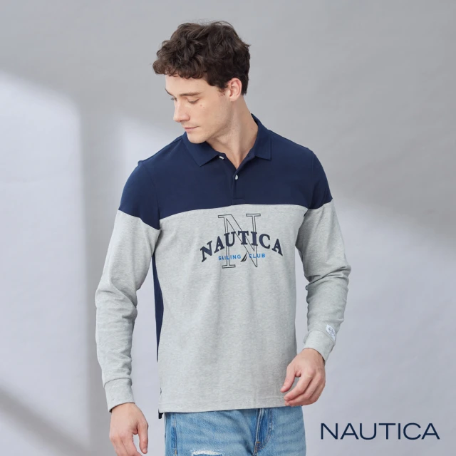 NAUTICA 男裝 美式LOGO拼接長袖POLO衫(灰色)