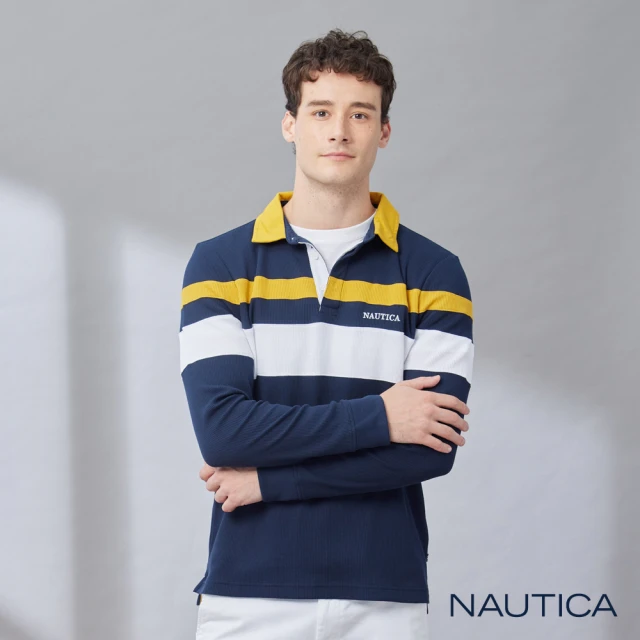 NAUTICA 男裝 跳色拼接華夫格長袖POLO衫(藍色)