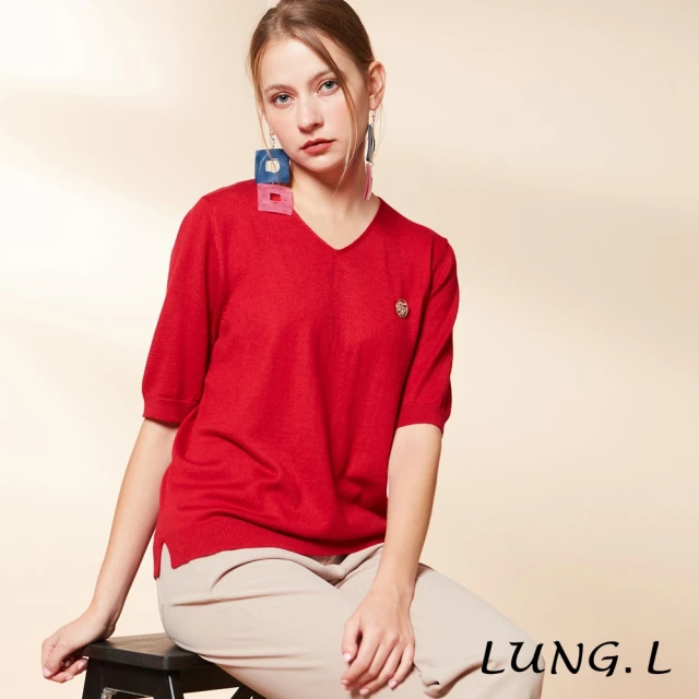 LUNG.L 林佳樺 L842A10 紅色V領五分袖毛料針織上衣(秋冬新品)