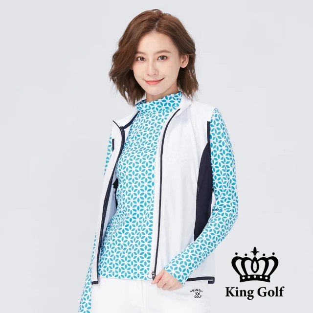 KING GOLF 網路限定款-刺繡LOGO印圖異色剪接防風背心外套(白色)