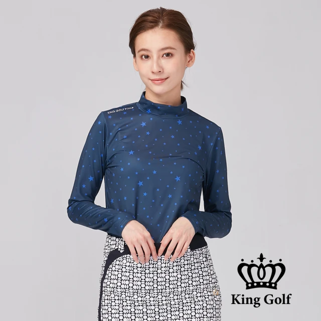 KING GOLF 網路限定款-女款滿版星星印圖LOGO燙標輕刷毛小立領長袖內搭衣(丈青)