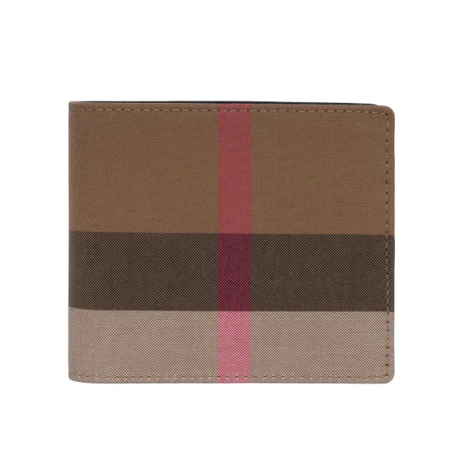 【BURBERRY 巴寶莉】大格紋帆布對開零錢袋短夾(灰褐色/棕色)