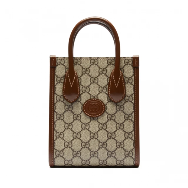【GUCCI 古馳】INTERLOCKING GG 經典老花 迷你 米色/烏木色 SUPREME帆布 手提包 斜背包