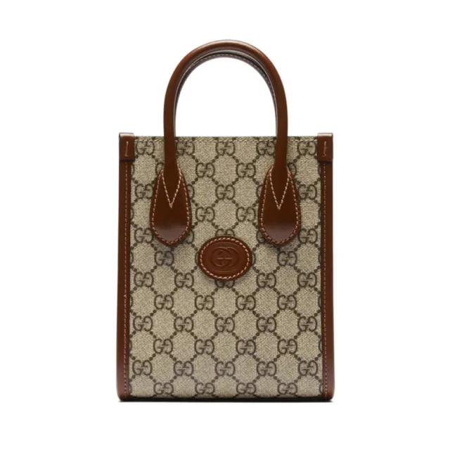 【GUCCI 古馳】INTERLOCKING GG 經典老花 迷你 米色/烏木色 SUPREME帆布 手提包 斜背包