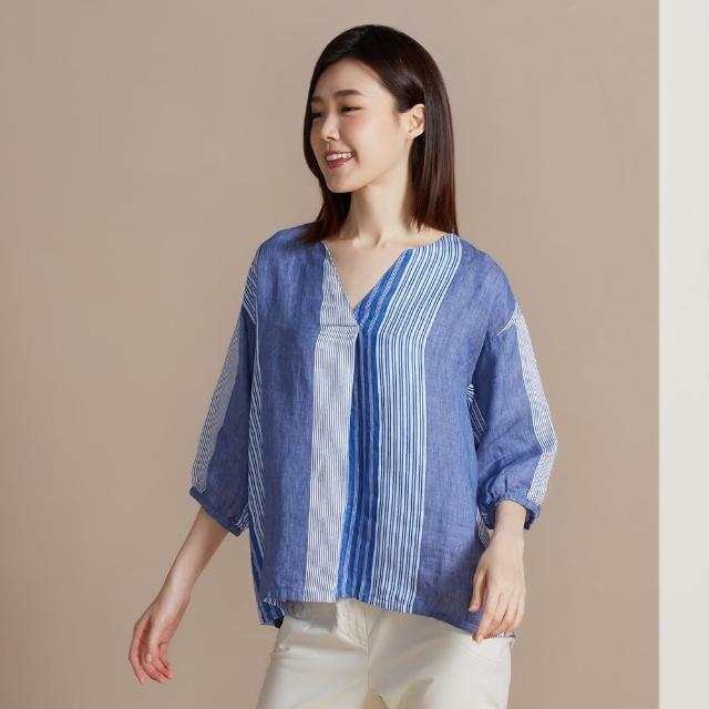 【YVONNE 以旺傢飾】出清品 條紋拼接亞麻V領七分袖上衣(網路限定)