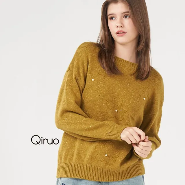 【Qiruo 奇若名品】專櫃芥末色小羊毛上衣 精品時尚保暖造型花朵珍珠點綴