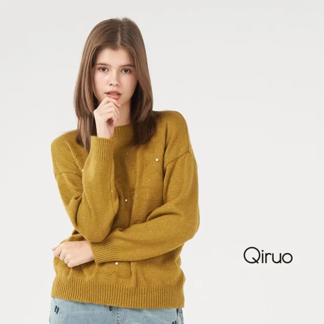 【Qiruo 奇若名品】專櫃芥末色小羊毛上衣 精品時尚保暖造型花朵珍珠點綴