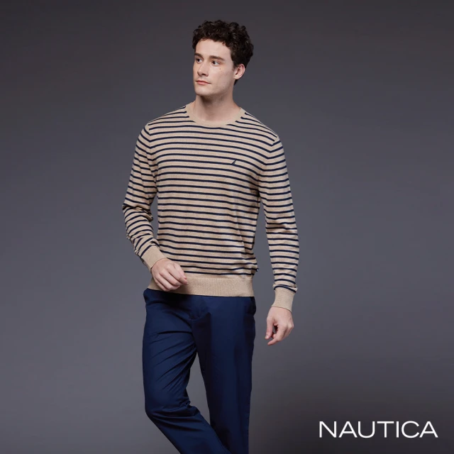 NAUTICA 男裝 恆溫透氣條紋長袖針織衫(卡其色)