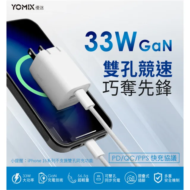 C to L 20W彩色編織線組【YOMIX 優迷】33W GaN氮化鎵雙孔快充折疊充電器