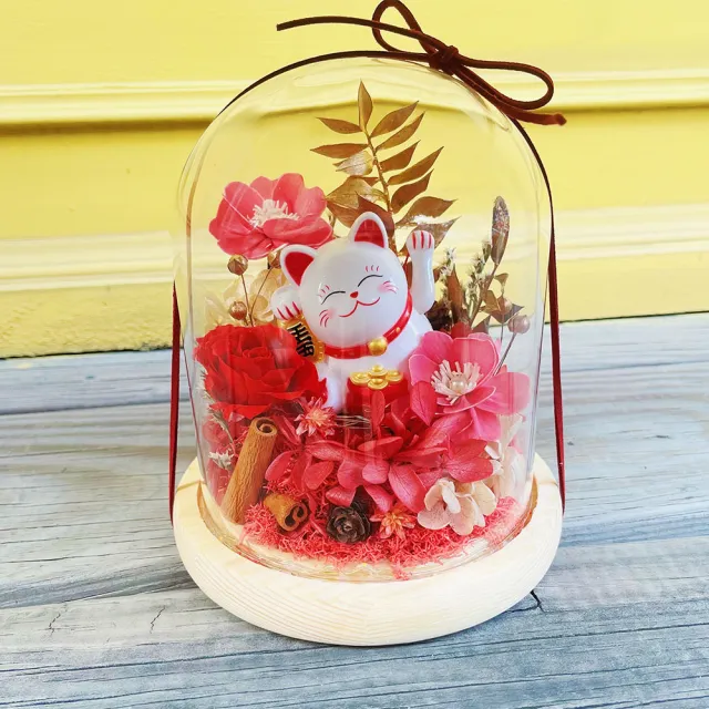 【OSTARA FLORIST 奧斯塔拉花藝】財氣臨門~太陽能招財貓玻璃罩永生花(永生花、財位、開幕送禮、喬遷送禮)