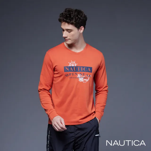 【NAUTICA】男裝 品牌海洋貝類印花長袖T恤(橘色)