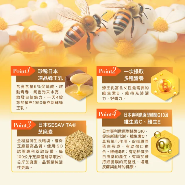 【Angel LaLa 天使娜拉】蜂王乳+芝麻素糖衣錠x4盒(30錠/盒/葵烯酸/Q10/芝麻素/維生素E/維生素C/賴雅妍)