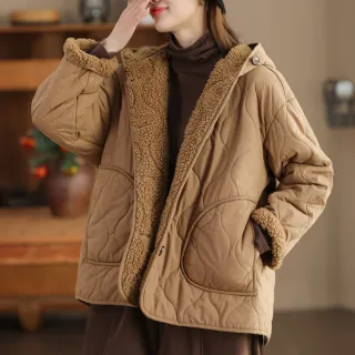 【ACheter】內裡羊羔絨保暖外套時尚連帽加厚棉服全棉長袖棉襖#123782(黑/卡其)