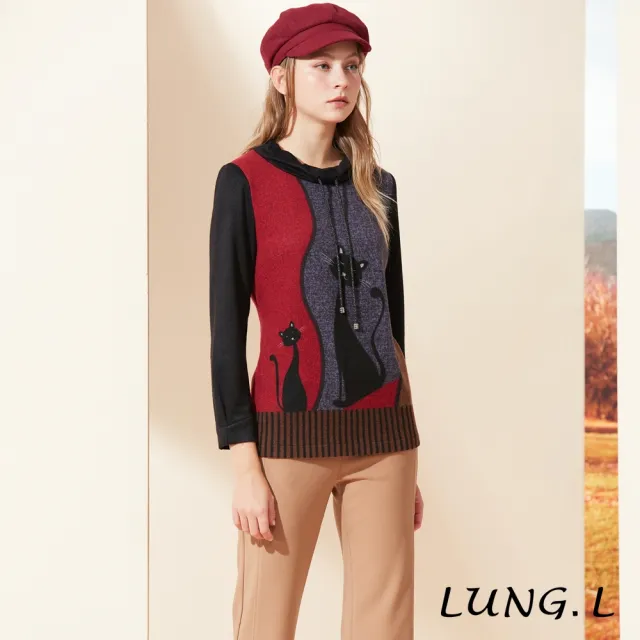 【LUNG.L 林佳樺】LQ47A黑色貓咪圖案小圓領長版長袖女裝上衣(秋冬新品 加大尺碼)