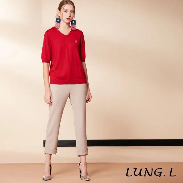 【LUNG.L 林佳樺】L842A10 紅色V領五分袖毛料針織上衣(秋冬新品)