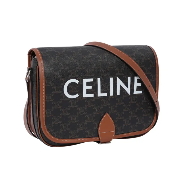 【CELINE】Folco 標誌印花帆布及小牛皮翻蓋郵差包/斜背包(棕褐色)