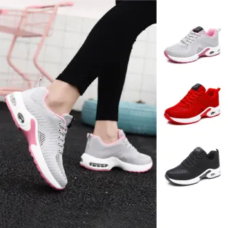 【J&H collection】舒適鏤空孔洞飛織休閒鞋 健走鞋 運動鞋(黑色／灰粉／紅色)