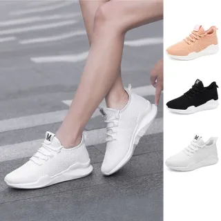 【J&H collection】純色透氣飛織網布休閒鞋 健走鞋 運動鞋(黑色／杏色／白色)