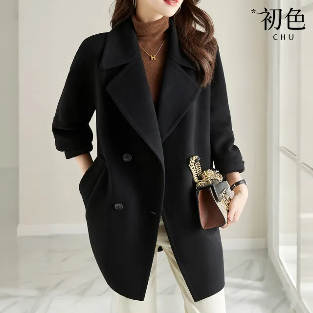 【初色】純色翻領長袖雙排釦毛呢大衣外套女外套-共3色-38814(M-3XL可選)