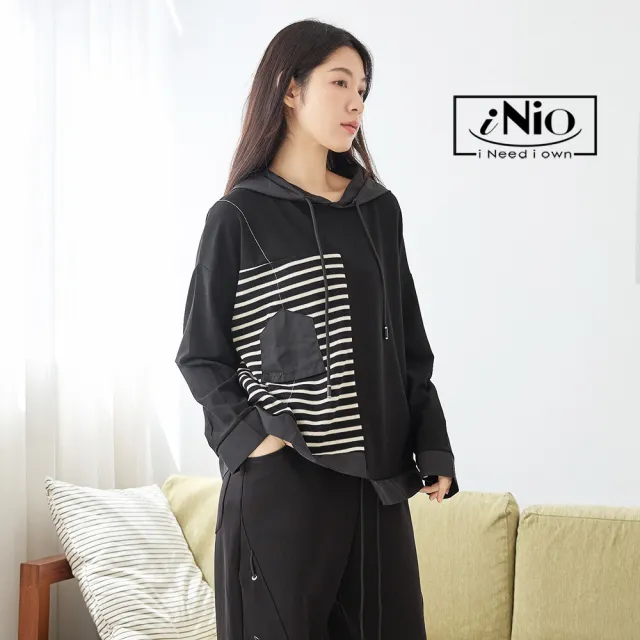 【iNio 衣著美學】長袖上衣 現貨 橫紋拼接 長袖帽T CDW1730