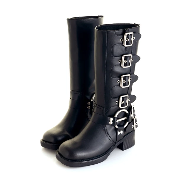 amai 率性廢土風釦環工裝粗跟長靴 高筒靴 長筒靴 長靴 粗跟 中跟 英倫風 大尺碼 LL-2326BK(黑色)