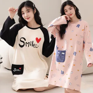 【Kosmiya】1套 帶胸墊 棉質童心俏皮長袖睡裙/女睡衣/長袖睡衣/連身洋裝/洋裝(4色可選/均碼/加大碼)
