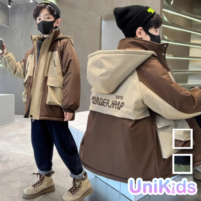 UniKids 中大童裝加絨長袖連帽外套 撞色北極絨派克服夾克 男大童裝 VPG8817(北極絨咖 北極絨綠)