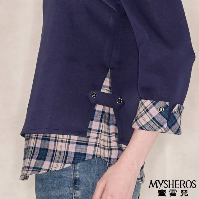 【MYSHEROS 蜜雪兒】造型上衣 假兩件襯衫 經典格紋設計(藍)