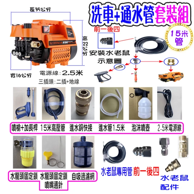 高壓清洗機 K100可調壓洗車機+15米通水管水老鼠(110V 全自動洗車機 洗冷氣 沖洗洗衣機 接水管自吸兩用)