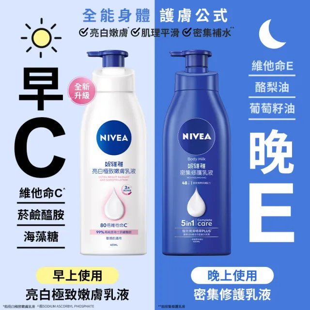 【NIVEA 妮維雅】早C晚E組★亮白極致嫩膚乳液400mlx3入+密集深層修護乳液400mlx3入(No.1 美白身體乳)