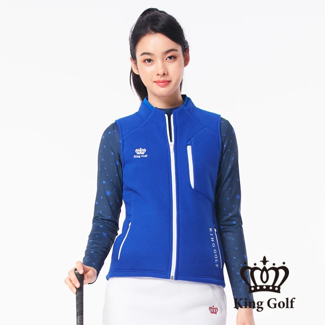 KING GOLF 網路限定款-女款搖粒絨毛絨跳色拉鍊厚款無袖背心(藍色)