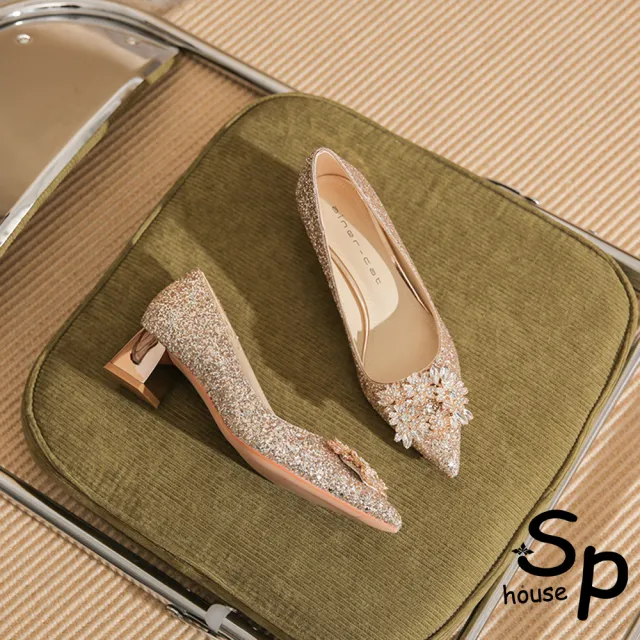 【Sp house】冰晶公主閃亮金蔥尖頭鏡面粗跟鞋(2色可選)