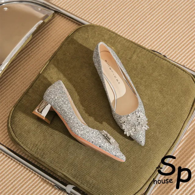 【Sp house】冰晶公主閃亮金蔥尖頭鏡面粗跟鞋(2色可選)