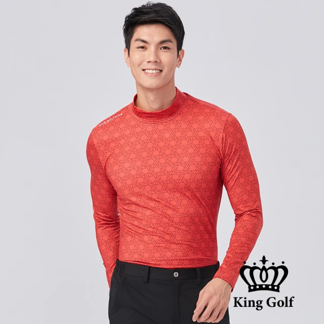 KING GOLF 網路限定款-男款膠標LOGO三角幾何刷毛款長袖內搭高領衫(紅色)