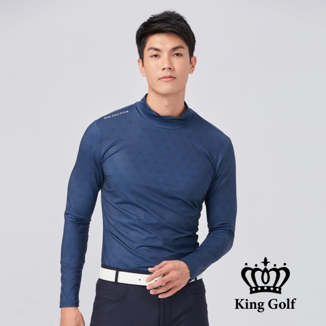 KING GOLF 網路限定款-男款膠標LOGO三角幾何刷毛款長袖內搭高領衫(丈青)