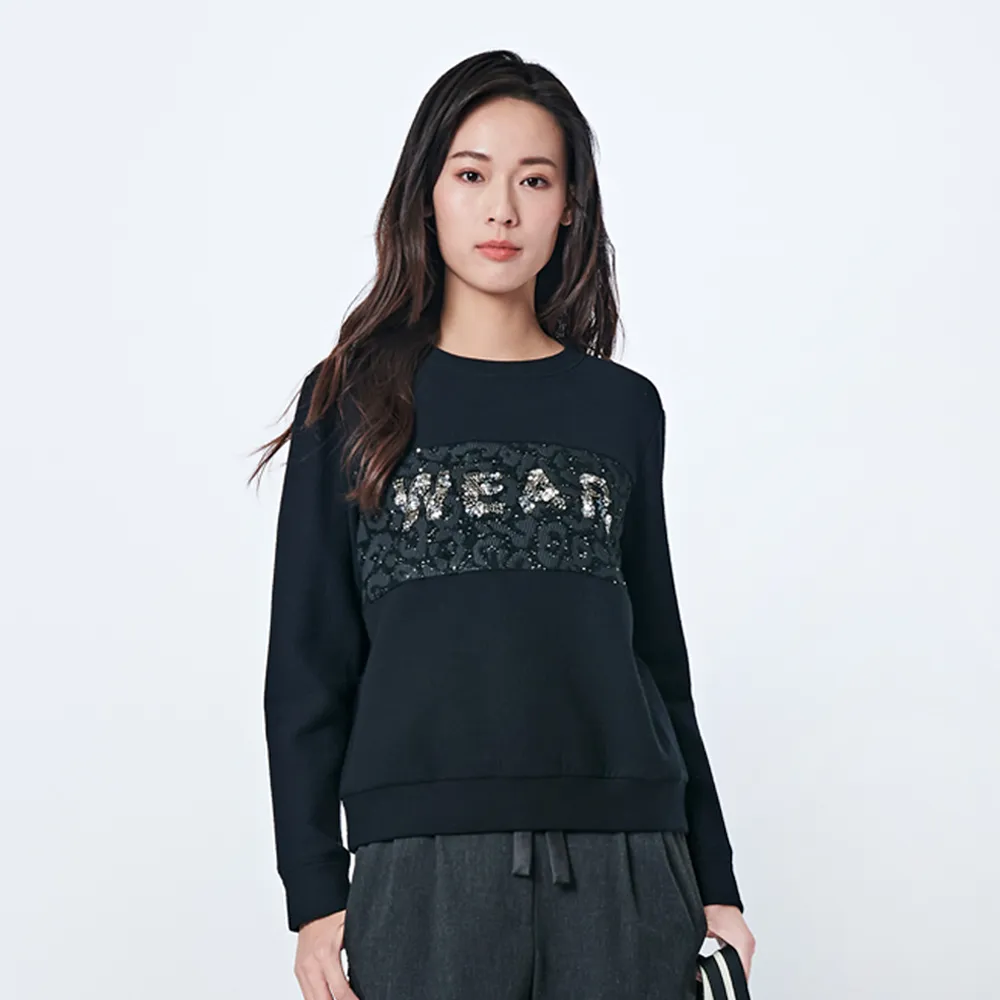 【KeyWear 奇威名品】拼接亮片刺繡長袖上衣