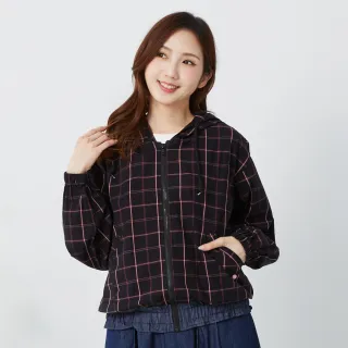 【betty’s 貝蒂思】方格拼接牛仔下擺抽皺連帽薄外套(黑色)
