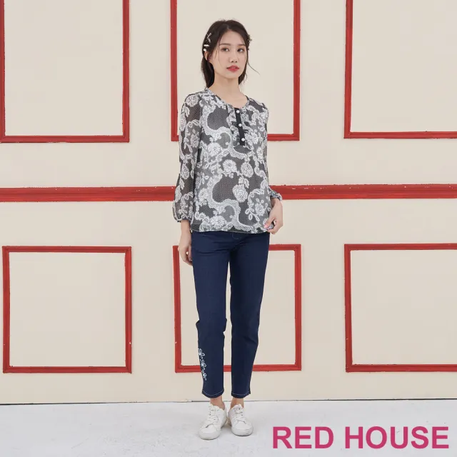 【RED HOUSE 蕾赫斯】波西米亞風花朵雪紡上衣(黑色)