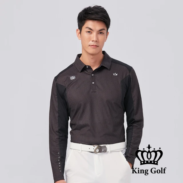 KING GOLF 網路限定款-男款蜂巢滿版印花拼接撞色薄款長袖POLO衫(黑灰)