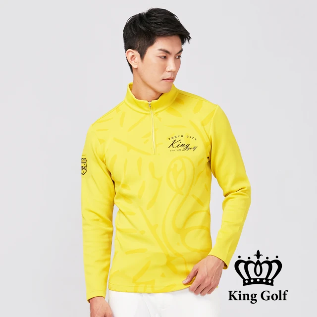 KING GOLF 網路限定款-男款火鶴印花滾邊立領拉鍊厚款長袖POLO衫(黃色)