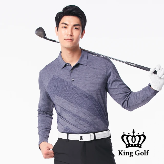 KING GOLF 網路限定款-男款大印圖雪花布花中厚款長袖POLO衫(寶藍)