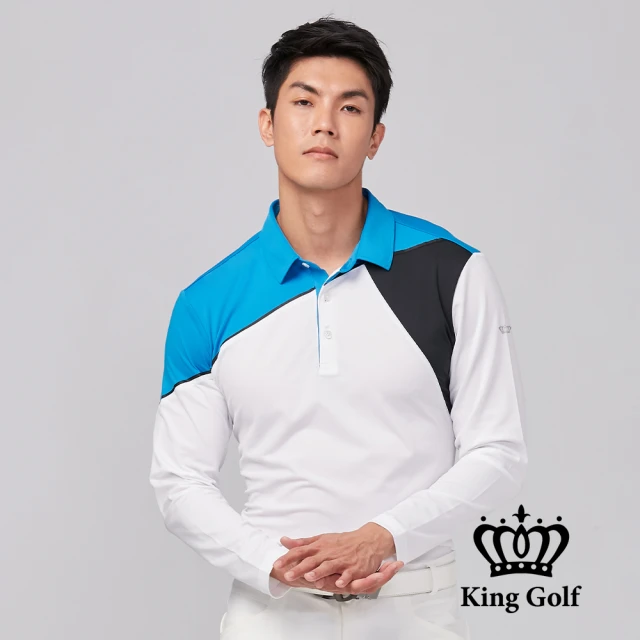 KING GOLF 網路限定款-男款袖口LOGO印圖拼接撞色薄款長袖POLO衫(藍色)