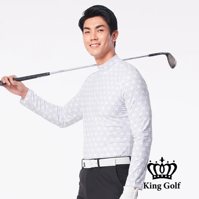 KING GOLF 網路限定款-男款膠標LOGO三角幾何刷毛款長袖內搭高領衫(白色)